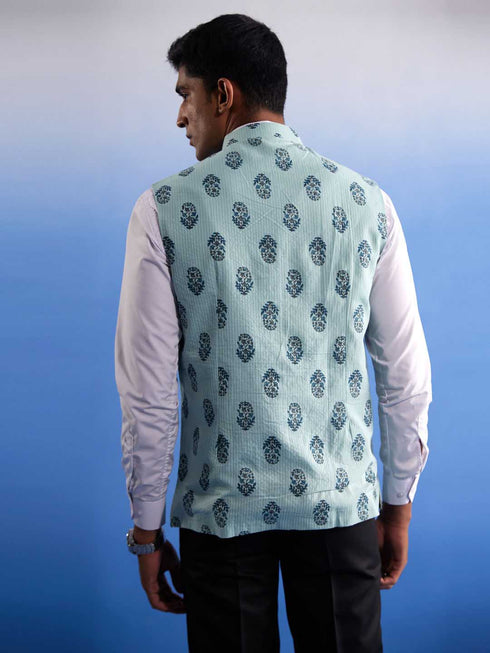 Vastramay Men's Mint Green Ethnic Motif Printed Nehru jacket
